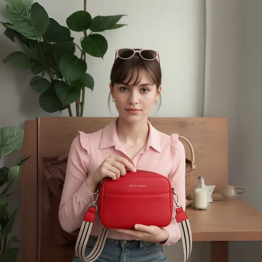 Sac bandoulière asymétrique net noir‑rouge