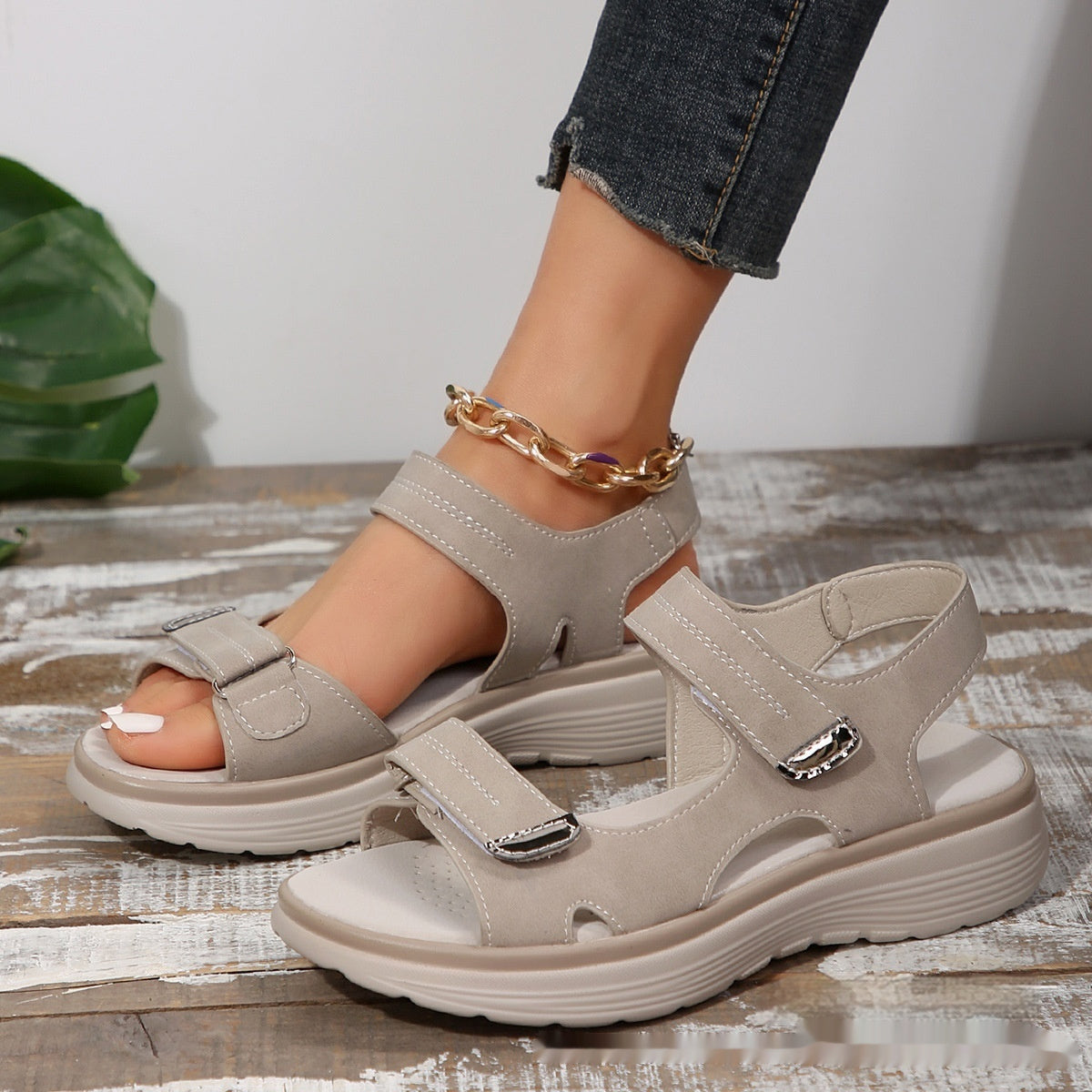 Sandales Casual à Semelle Épaisse &amp; Velcro
