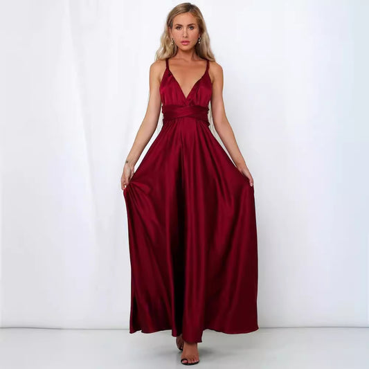Robe satinée dos nu V‑décolleté