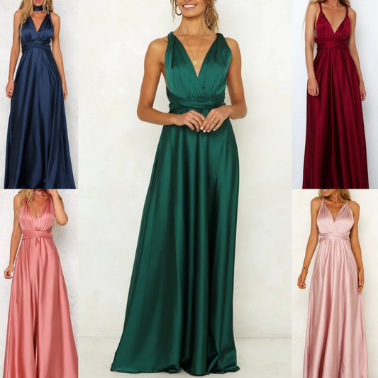 Robe satinée dos nu V‑décolleté